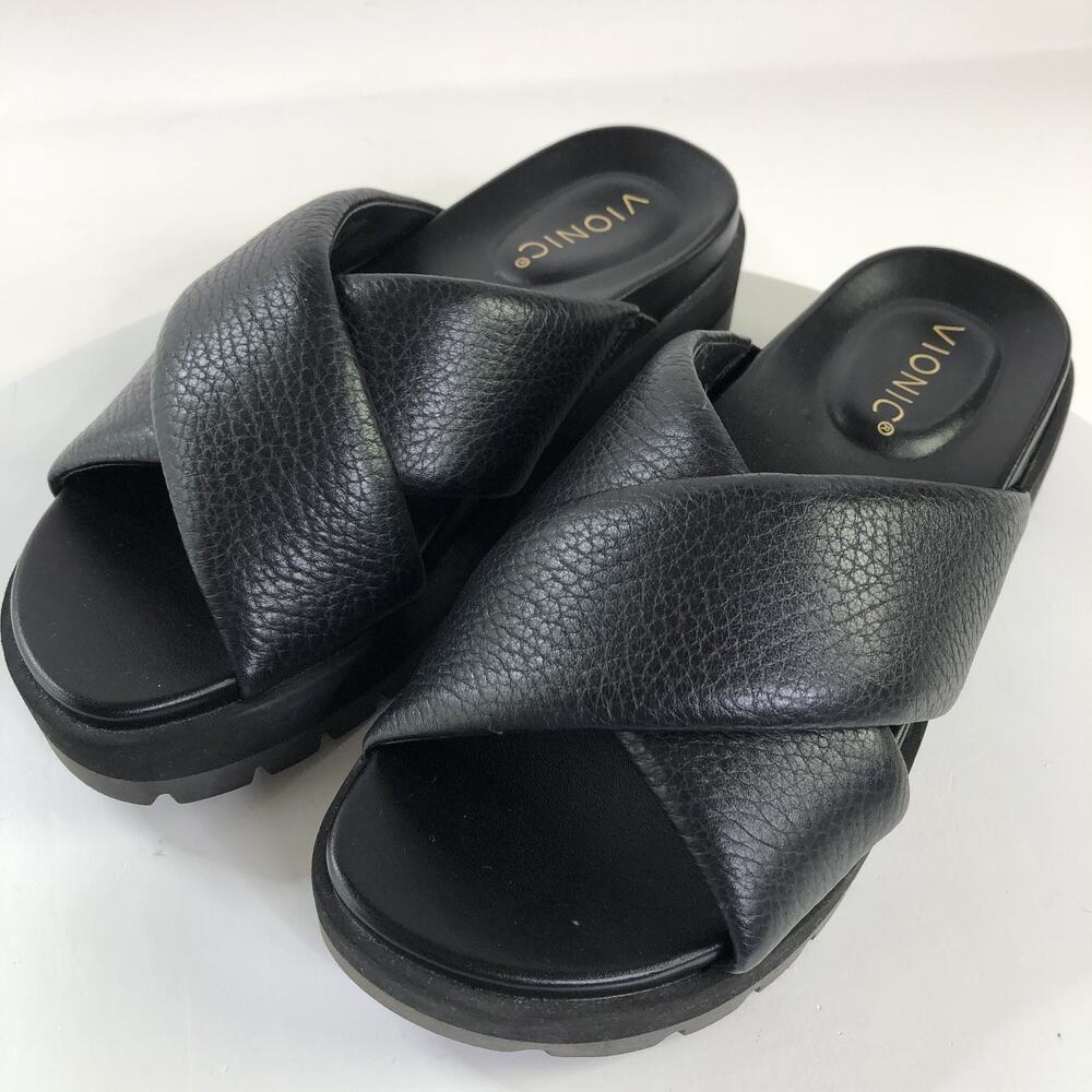 Vionic Vesta Platform Lug Leather Slides Sandals Women's Size 6 Black MINT